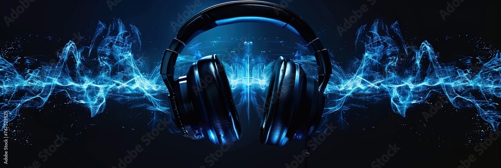 Headphones (over ear) with audio soundwaves  - obrazy, fototapety, plakaty 