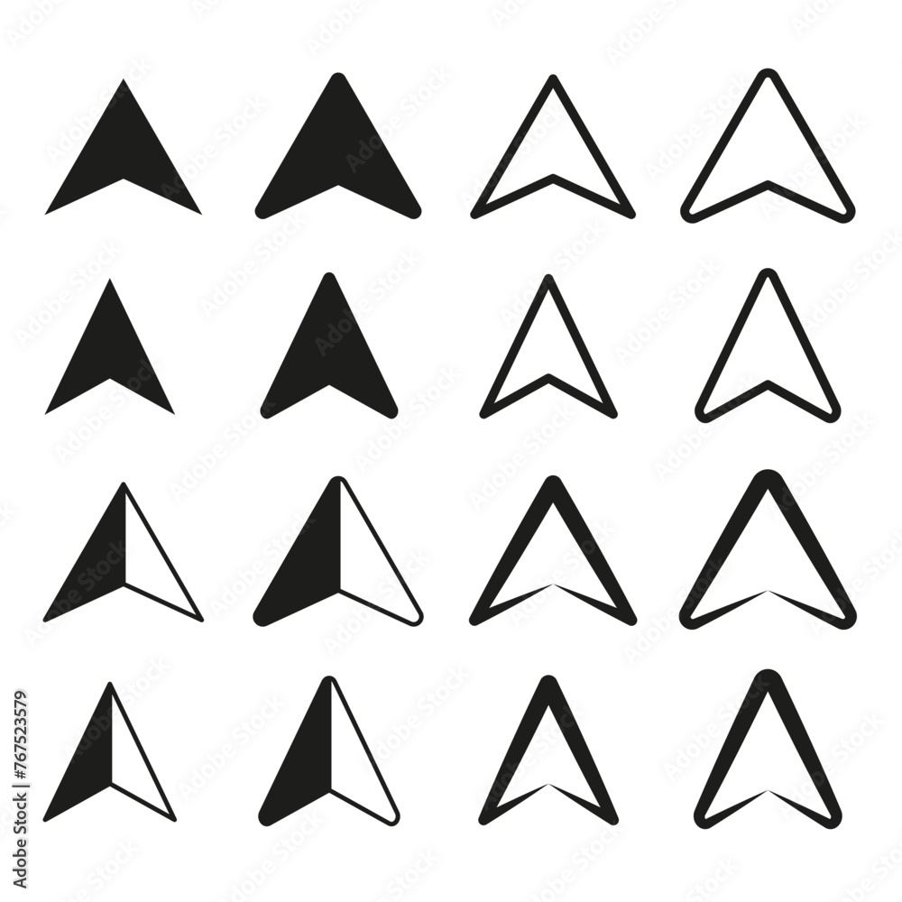 Assorted triangle icons collection. Navigation arrows set. Directional pointers variety. Vector illustration. EPS 10. Assorted triangle icons collection. Navigation arrows set. Directional pointers variety. Vector illustration. EPS 10.