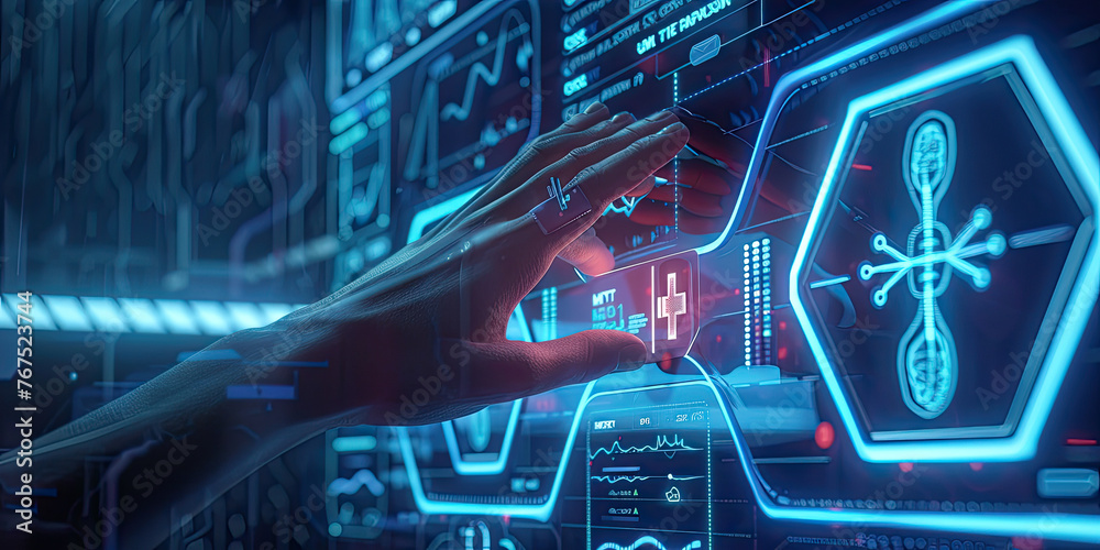 Hand touch screen interface DNA connecting in hologram science and innovation, Digital technology medical concept Hand touch screen interface DNA connecting in hologram science and innovation, Digital technology medical concept