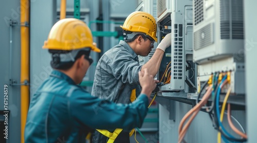 Two industrial air conditioning technicians are connecting wires, servicing the air conditioner.