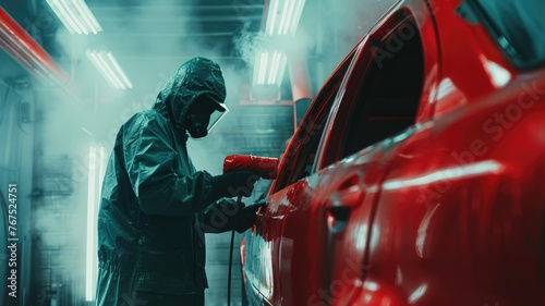 Auto painter in action spraying red car - A skilled worker in protective gear expertly sprays a glossy red paint on a car for a sleek, professional finish in an industrial setting photo