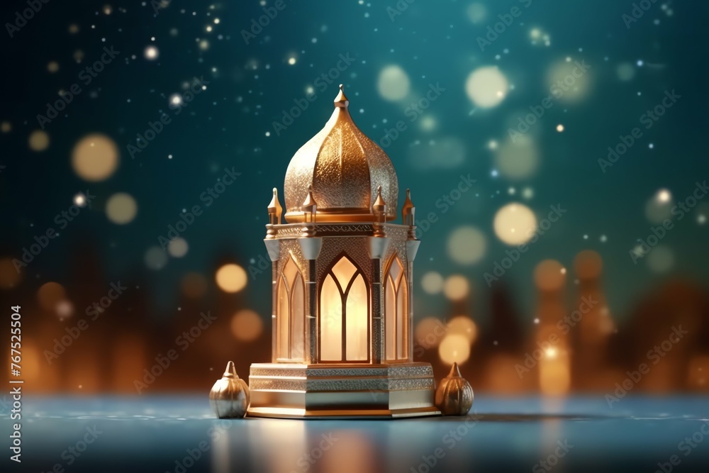 Obraz premium Eid mubarak and ramadan kareem greetings with islamic lantern and mosque. Eid al fitr background