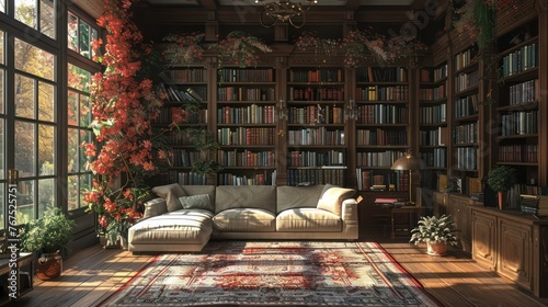 A large room with a couch, a potted plant, and a large collection of books © bird_saranyoo