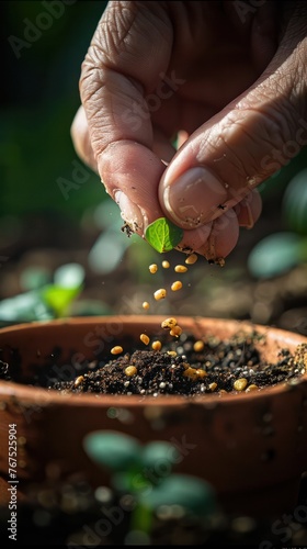Close-up of a person's hand planting a small seed in a clay pot. Focus on the fingers gently. Press the seeds into the moist soil. Natural sunlight creates soft shadows.