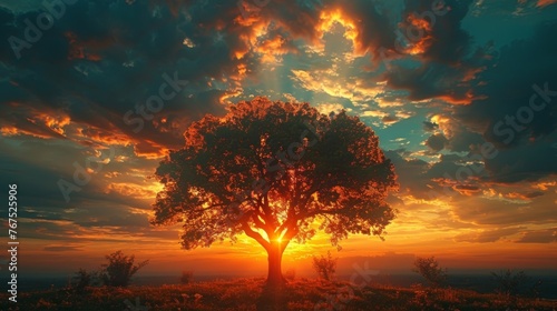A tree silhouetted against a sunset sky its shadow creating a sense of familiarity and nostalgia. © Justlight