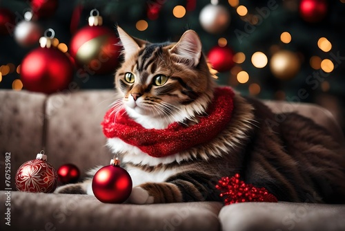 Adorable cute cat relaxing on couch in living room decorated with Christmas ornaments