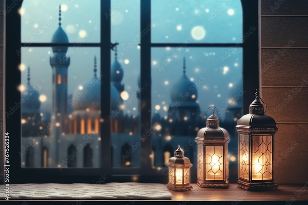 Eid mubarak and ramadan kareem greetings with islamic lantern and mosque. Eid al fitr background Eid mubarak and ramadan kareem greetings with islamic lantern and mosque. Eid al fitr background