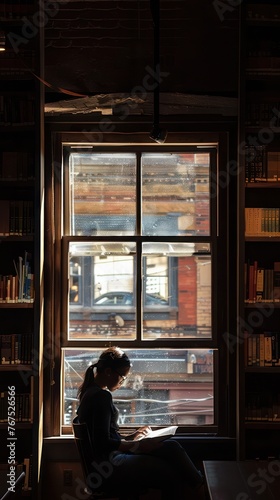 Silhouette of a person reading a book by the window in the library photo