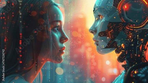 Illustrate a thought-provoking scene of humans and AI standing together, exchanging knowledge and experiences Emphasize the connection through eye-level angles, displaying mutual respect and understan photo