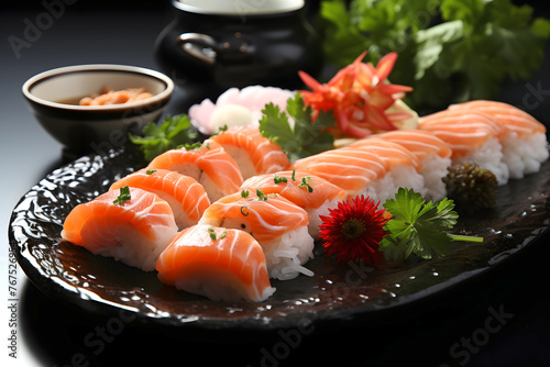 Sushi set on a black background. Sushi rolls with salmon, tuna, caviar, caviar, cream cheese, wasabi, ginger and wasabi. Sushi menu. Japanese food
