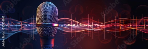 Vocal microphone with soundwaves on wide banner for podcasting and audio recording (singing, speaking, etc)  photo