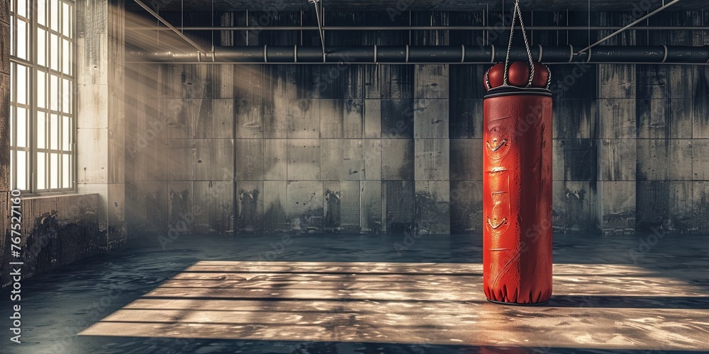 Boxing gym interior. Empty with punching bag hanging from ceiling  - obrazy, fototapety, plakaty 