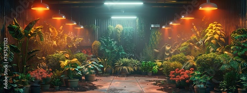 A large room with many plants and a few potted plants