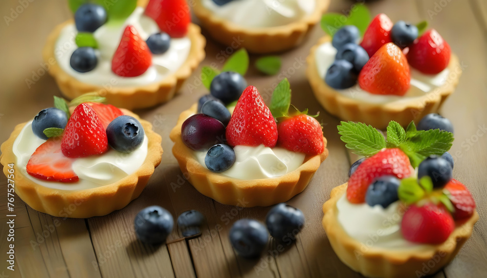 A close-up of a fruit tart with whipped cream, strawberries, and blueberries on a wooden table A close-up of a fruit tart with whipped cream, strawberries, and blueberries on a wooden table