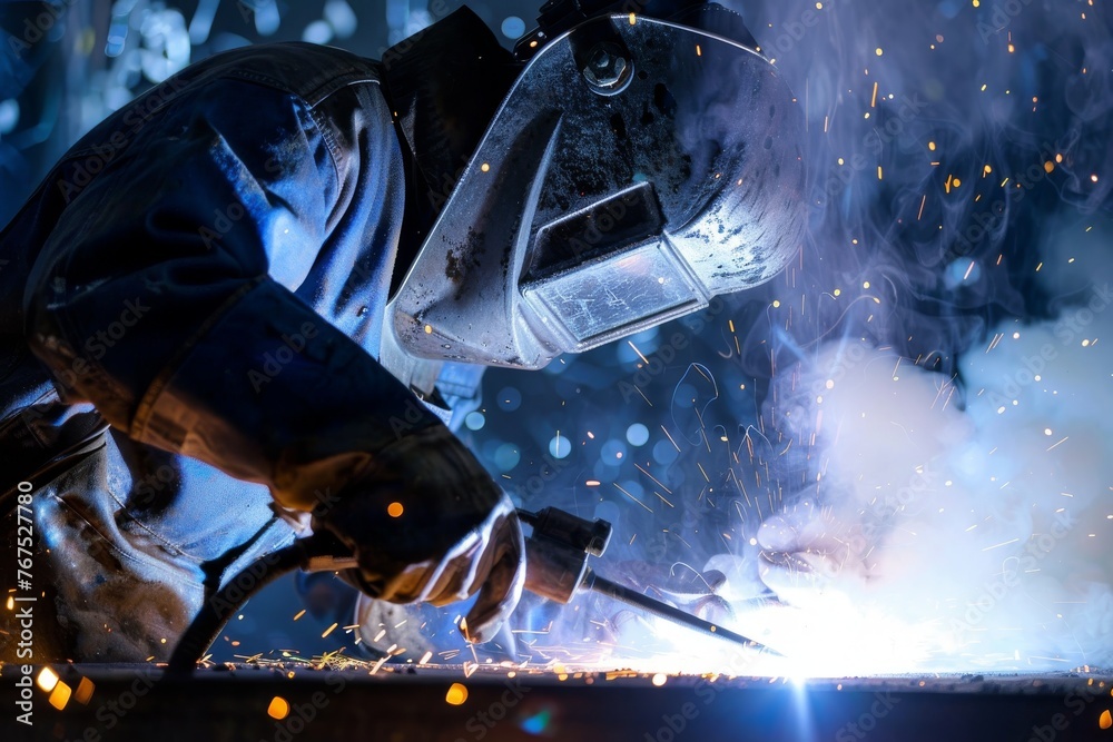 Welder in mask working with metal in workshop Welder in mask working with metal in workshop