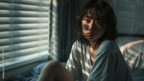 A Domestic violence: Asian woman sitting depressed alone in bedroom Feeling sad and disappointed in love In a dark bedroom and sunlight from the window coming through the blinds. Free Download A Domestic violence: Asian woman sitting depressed alone in bedroom Feeling sad and disappointed in love In a dark bedroom and sunlight from the window coming through the blinds. - GFXLoad