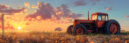 Tractor on the field at sunset, Agricultural Tractor in Grassy Field Illustration, 