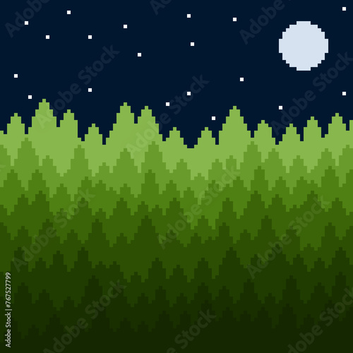 Pixel art of pine forest under night sky with moon