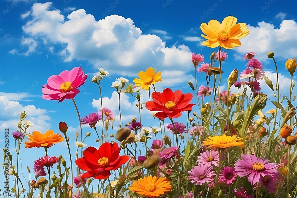 summer meadow with colorful flowers under blue sky with white clouds