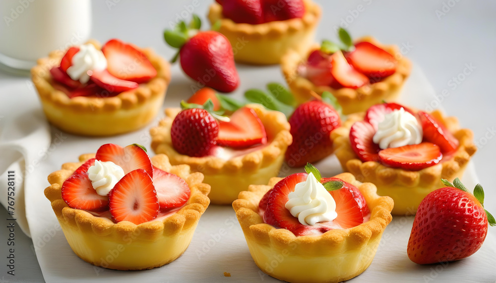 Mini tarts with a creamy filling, topped with fresh strawberries, on a light gray background
