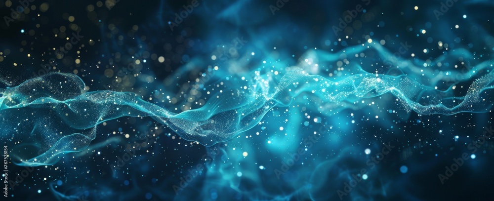 Mystical underwater scene with light refracting through undulating waves, accompanied by a constellation of floating particles in a deep oceanic blue.