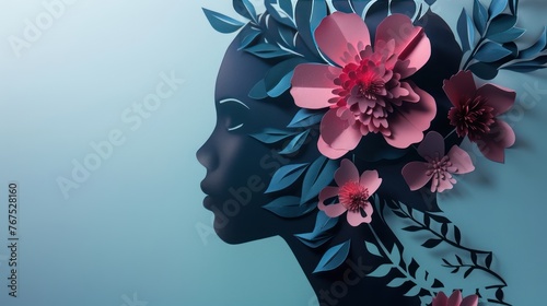 Illustration, blooming flowers in the structure of the silhouette of a woman's head with elements of blooming flowers. © Phoophinyo