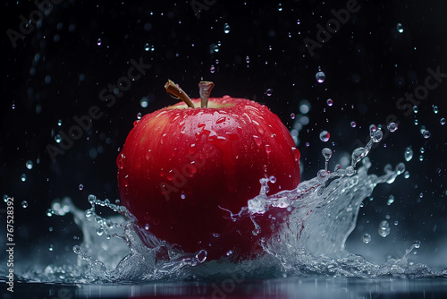 A fresh red apple with water droplets rests in clear water.