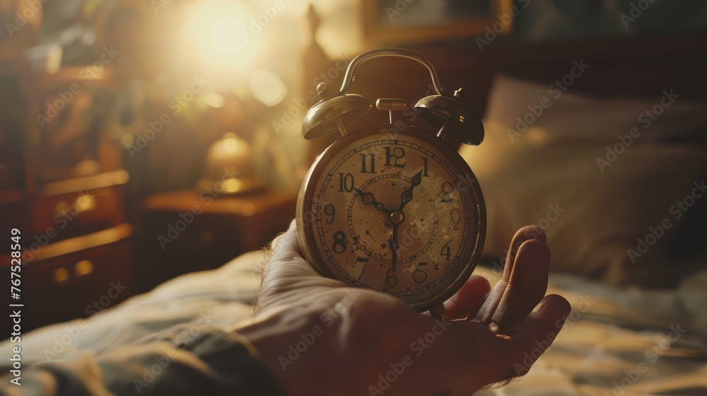 sets the alarm, male hand adjusting or changing the time on clock. vintage alarm clocks. - obrazy, fototapety, plakaty 