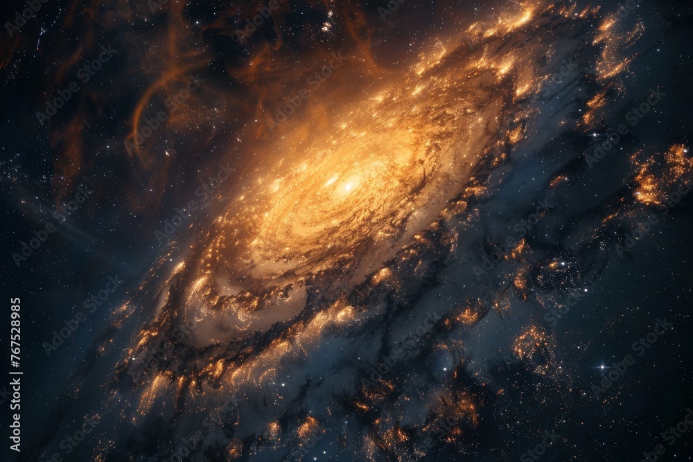 Spiral galaxy with golden glow in space Spiral galaxy with golden glow in space