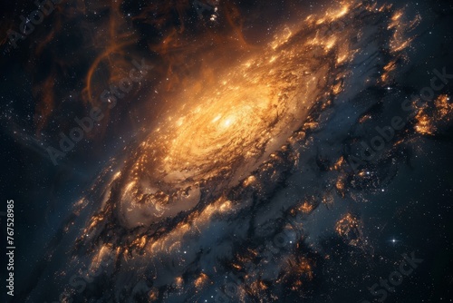 Spiral galaxy with golden glow in space © InfiniteStudio