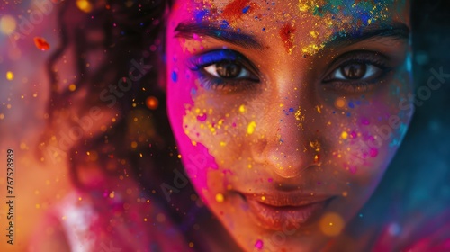 Close-up of a young Indian woman looking at the camera with a playful smile, face covered in colored powder. An explosion of multicolored, bright, colorful pigments in a colorful splash festival. © Phoophinyo