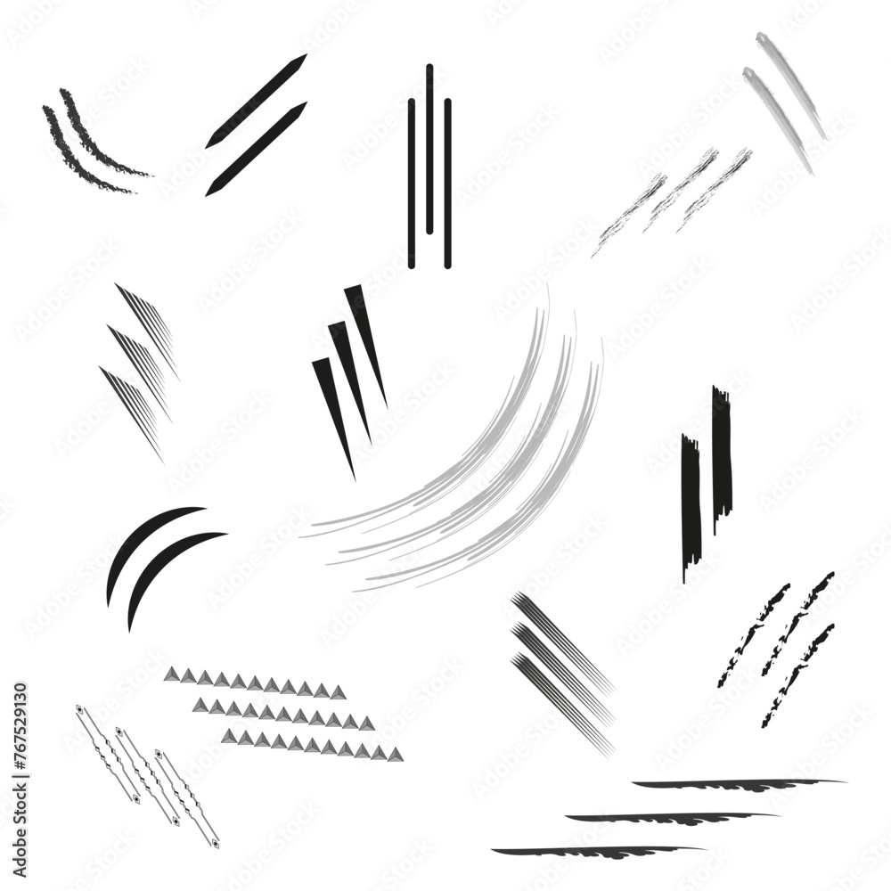 Assorted dynamic brush strokes set. Abstract monochrome paint lines. Artistic motion elements. Vector illustration. EPS 10. Assorted dynamic brush strokes set. Abstract monochrome paint lines. Artistic motion elements. Vector illustration. EPS 10.