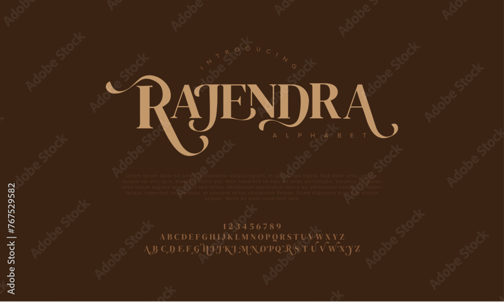 Rajendra premium luxury elegant alphabet letters and numbers. Vintage wedding typography classic serif font decorative vintage retro. Creative vector illustration