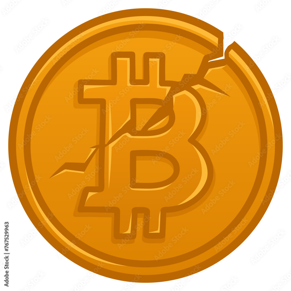 Obraz premium Bitcoin Cracked Broken Coin Cryptocurrency Damaged Vector Drawing Illustration