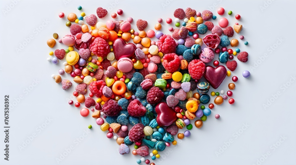 Heart shape arrangement of colorful sweets, white background. For posters, covers, fruit