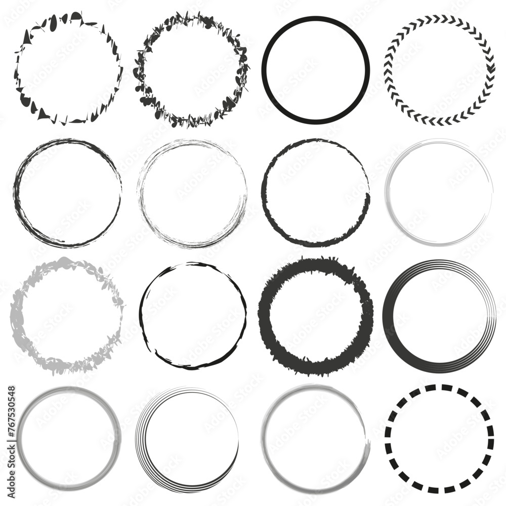 Circular frame collection. Brush stroke rings. Wreath design elements. Abstract round borders. Vector illustration. EPS 10.