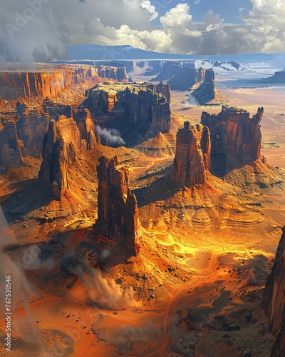Capture a majestic desert landscape from a birds-eye view, emphasizing the vast expanse of golden sands and unique rock formations The play of light and shadow should enhance the rugged beauty of this