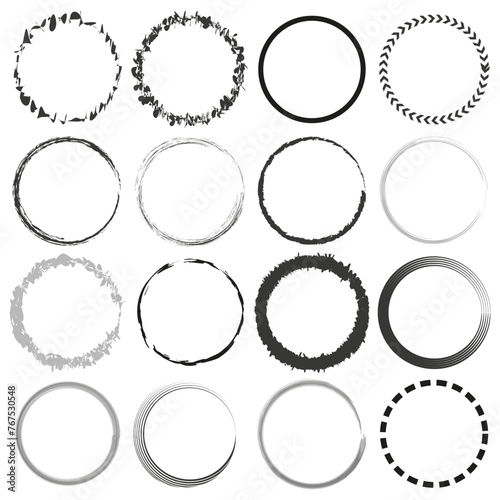 Circular frame collection. Brush stroke rings. Wreath design elements. Abstract round borders. Vector illustration. EPS 10.