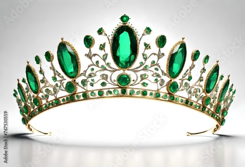 white gold tiara with green emeralds isolated on white background