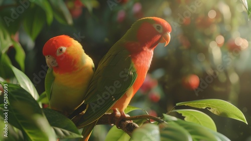 Two lovebirds enjoy the morning light - A pair of lovebirds with bright plumage basking in the gentle morning light amidst lush green foliage