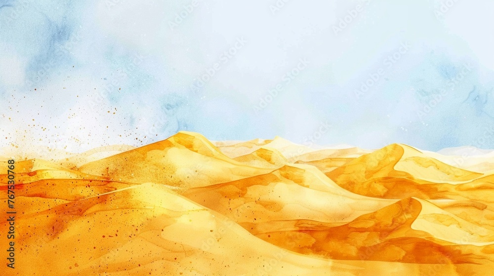 Desert dunes in golden watercolor under a blue sky - obrazy, fototapety, plakaty 