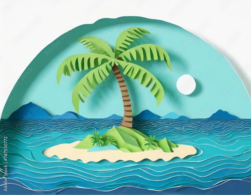 Tropical island scene in paper cut-out style with palm tree