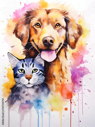 Vibrant Watercolor Depiction of Playful Dog and Cat in Whimsical Abstract Style