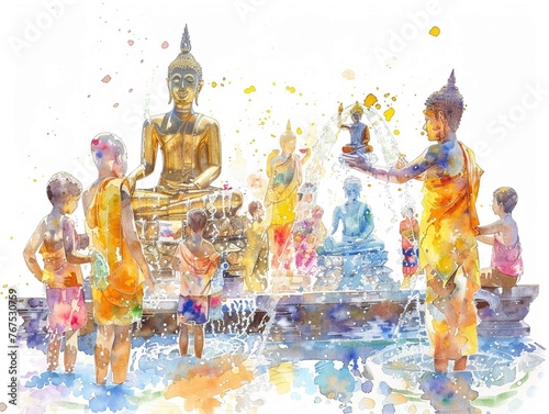 Cultural Songkran watercolor depiction of people pouring water on Buddha statues photo