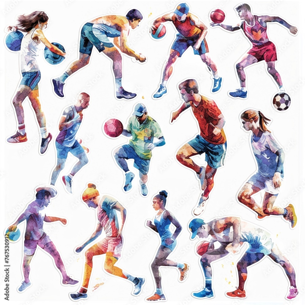Fun sports stickers in watercolor dynamic poses