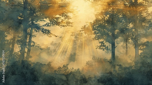 Glimmering gold sun rays piercing through a misty forest