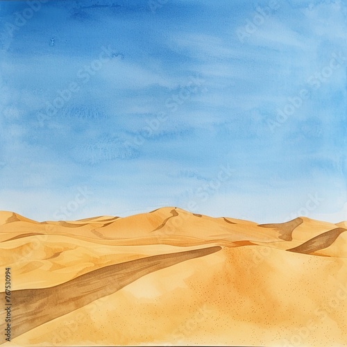 Golden watercolor dunes under a clear blue sky where desert meets sky in an endless