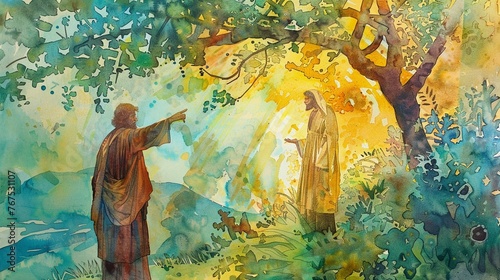 Jesus and Zacchaeus welcoming gold watercolor hospitality