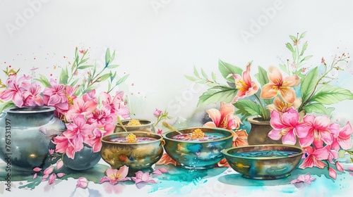 Tranquil watercolor painting of Songkran flower offerings and water bowls