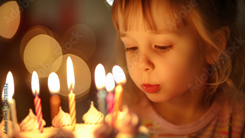 Cute little girl blowing out candles on birthday cake, closeup